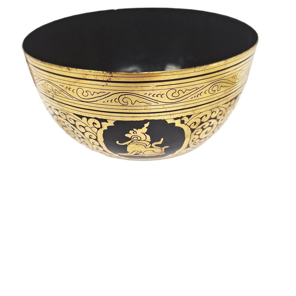 Vintage Lacquer Gilded Paper Mache Bowl Gold Black Dragon 4.25" Decorative
